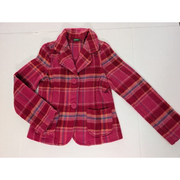 Vintage United Colors of Benetton Girls Pink Plaid Wool Blend Blazer Jacket Size - Picture 1 of 7